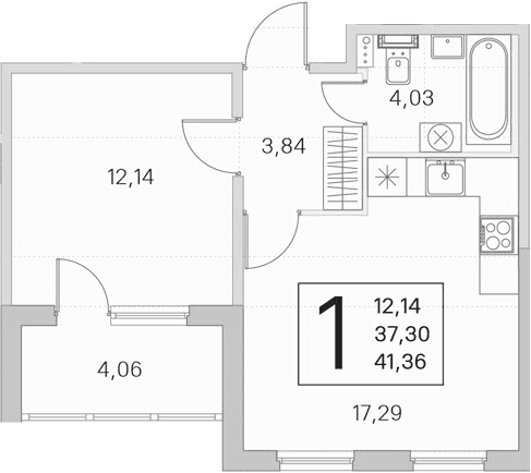 Планировка: Евродвушка 37,3 м² в ЖК «Любоград в Стрельне»