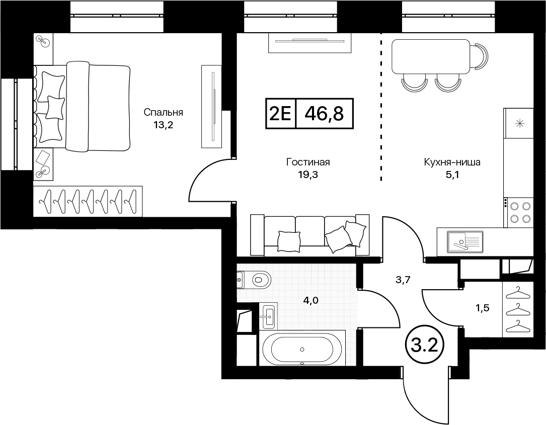 Планировка: Евродвушка 46,8 м² в ЖК «Пушкино Град»