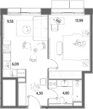 Планировка: Евродвушка 38,8 м² в ЖК «МЫС»