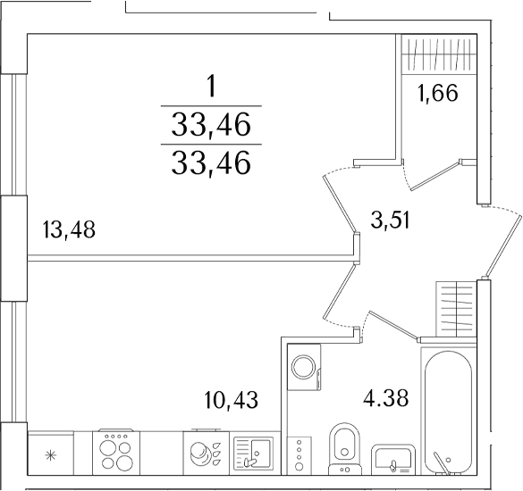 Планировка: 1-комнатная квартира 33,5 м² в ЖК «Кинопарк»