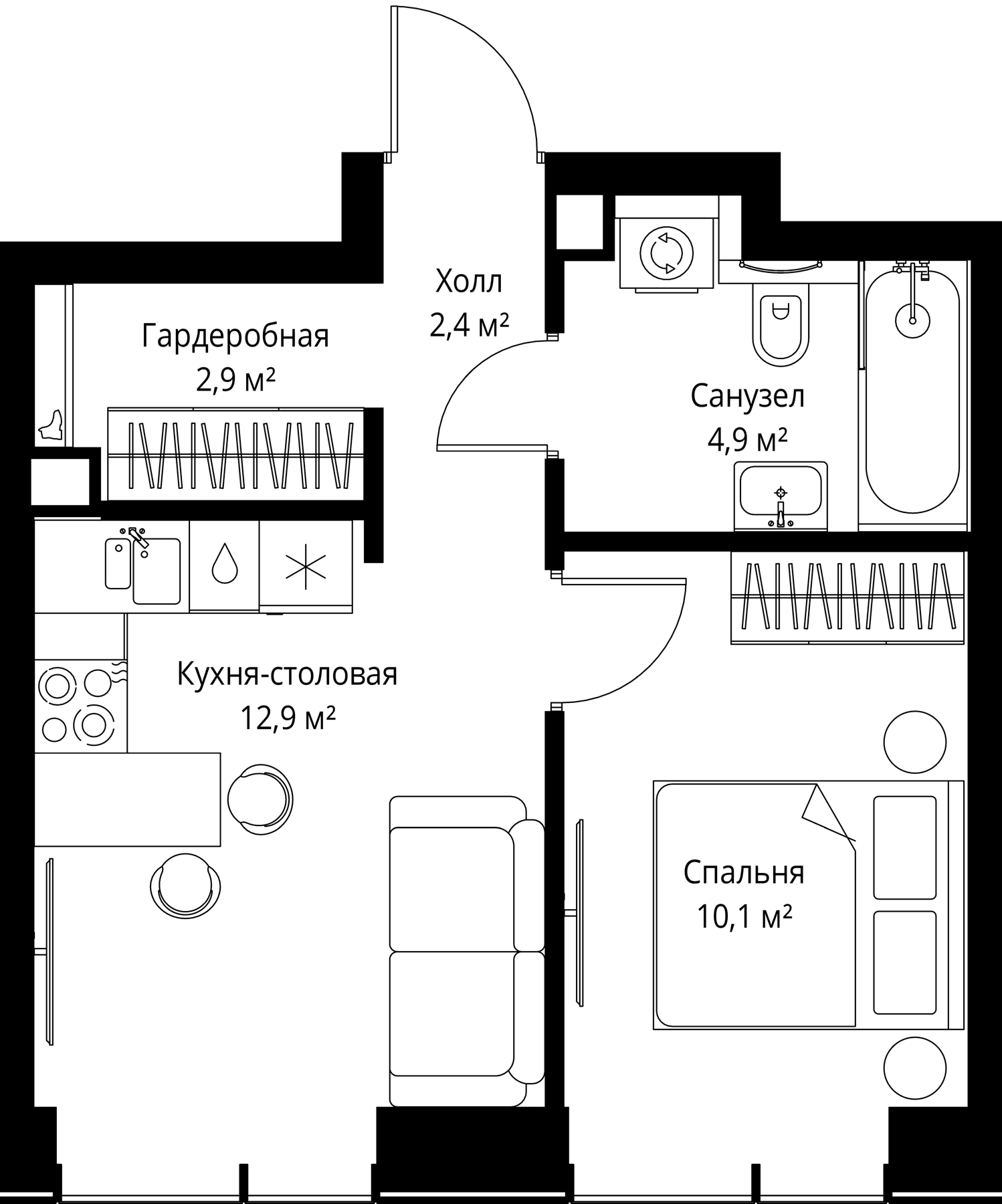 Планировка: Евродвушка 33,2 м² в ЖК «Веер»