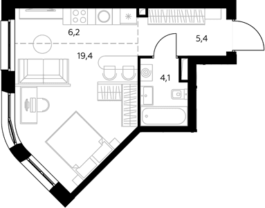 Планировка: Студия 37,4 м² в ЖК «Адмирал»