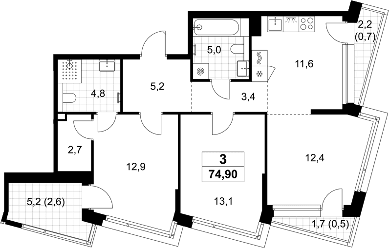 Планировка: Евротрёшка 71,1 м² в ЖК «Хольм»