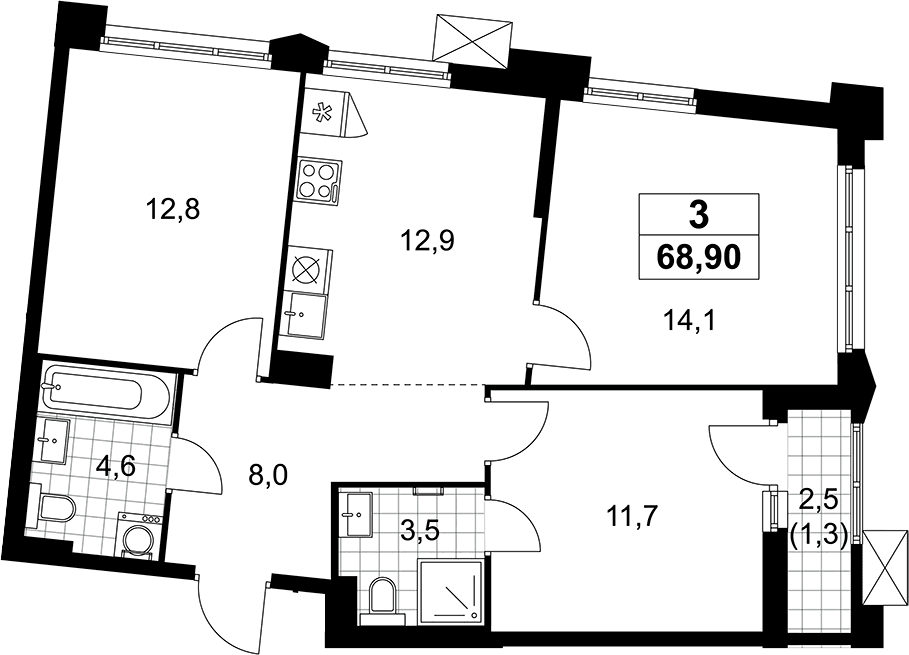 Планировка: 3-комнатная квартира 67,6 м² в ЖК «Деснаречье»