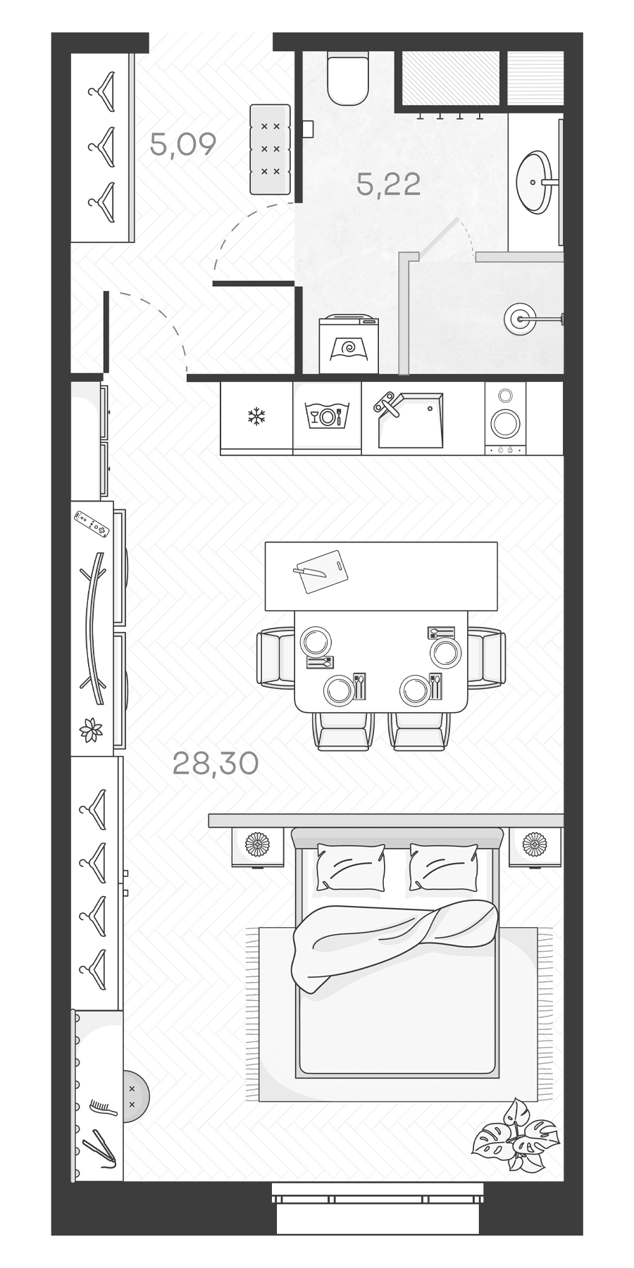 Планировка: Студия 38,6 м² в ЖК «Monodom Art»