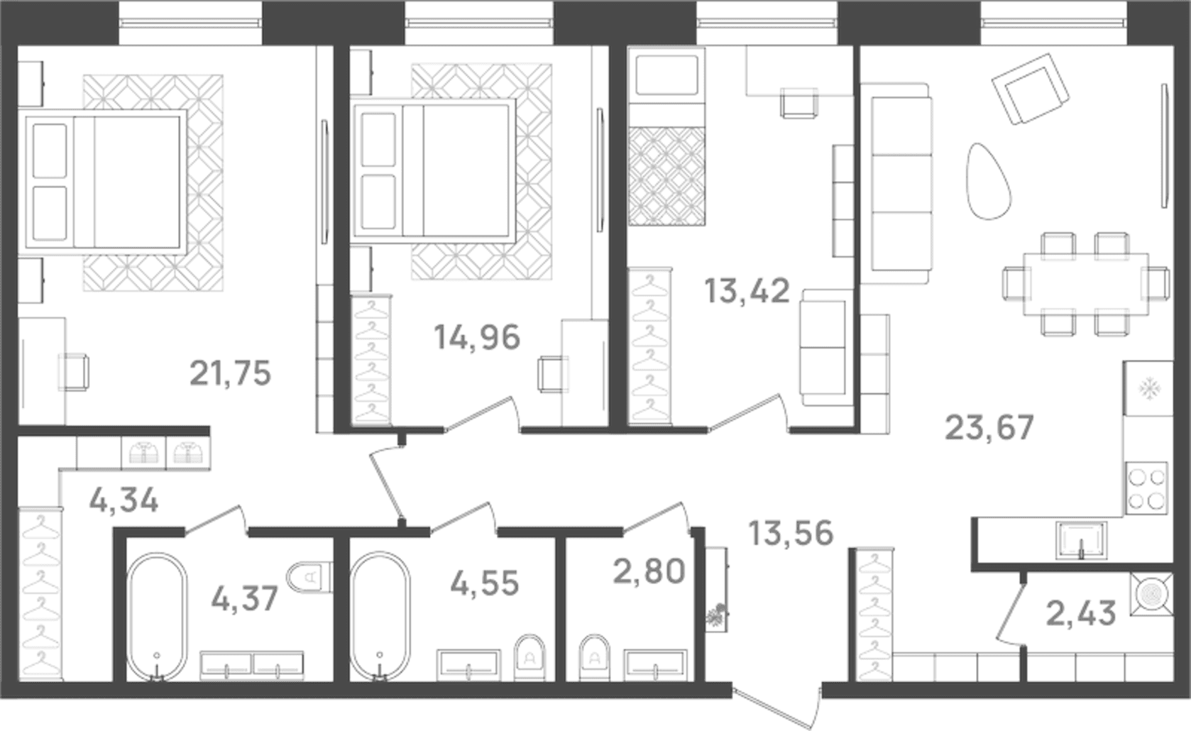 Планировка: Квартира евро-4 105,9 м² в ЖК «6 Квартал»