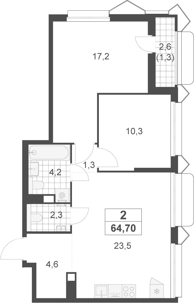 Планировка: Евротрёшка 63,4 м² в ЖК «Деснаречье»