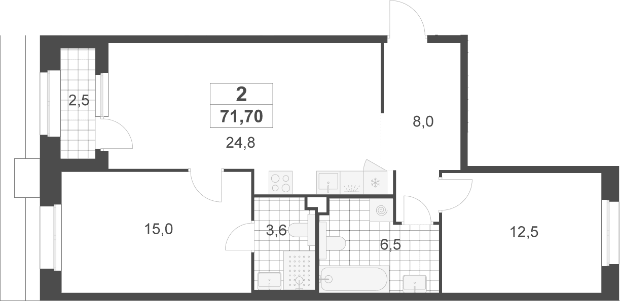Планировка: Евротрёшка 70,5 м² в ЖК «Деснаречье»