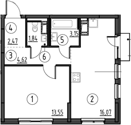 Планировка: Евродвушка 41,7 м² в ЖК «Новое Колпино»