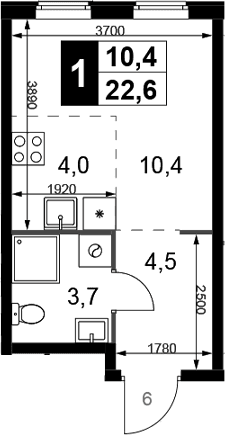 Планировка: Студия 22,6 м² в ЖК «1-й Химкинский»