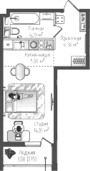 Планировка: Студия 30,2 м² в ЖК «Рига Хиллс»