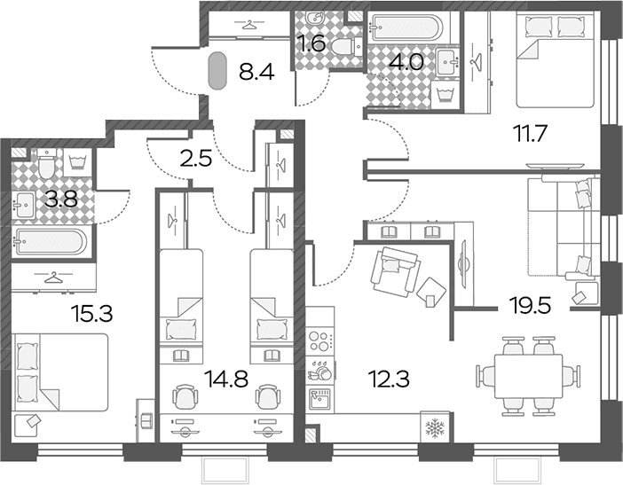 Планировка: Квартира евро-4 93,9 м² в ЖК «Лучи»