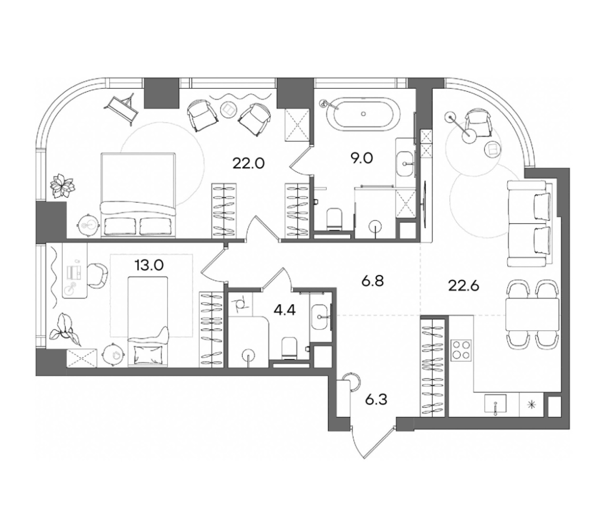 Планировка: Евротрёшка 84,1 м² в ЖК «СТОУН Блик»