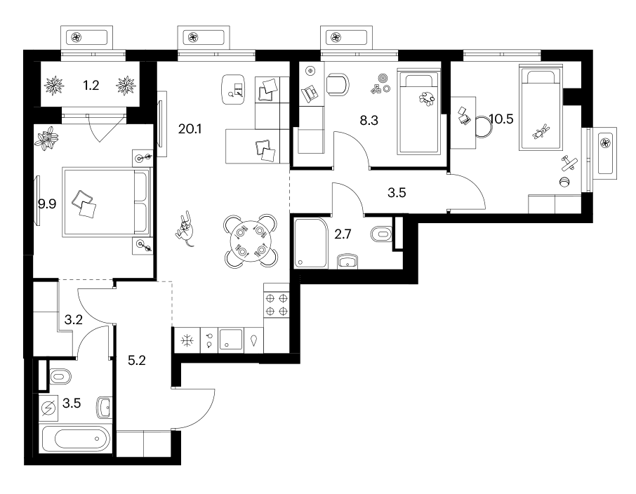Планировка: 3-комнатная квартира 66,9 м² в ЖК «Ярославский»