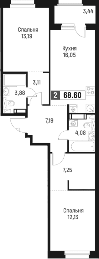 Планировка: Евротрёшка 66,9 м² в ЖК «Максималист»