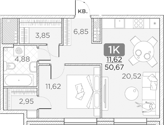 Планировка: Евродвушка 50,7 м² в ЖК «Гильдия»