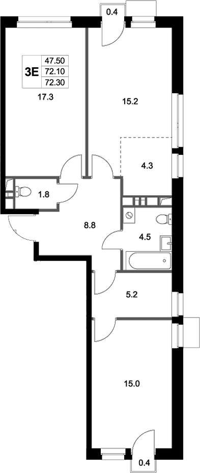 Планировка: Евротрёшка 72,1 м² в ЖК «Легенда Марусино»