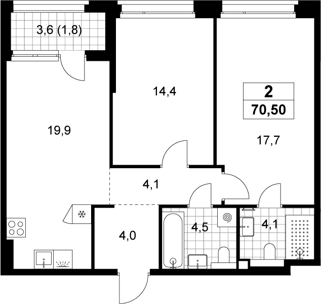 Планировка: Евротрёшка 68,7 м² в ЖК «Хольм»