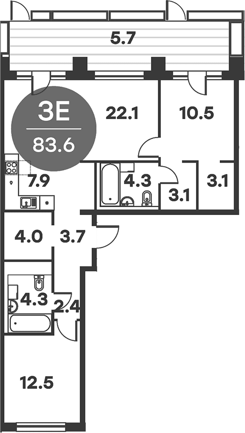 Планировка: Евротрёшка 82,4 м² в ЖК «Равновесие»