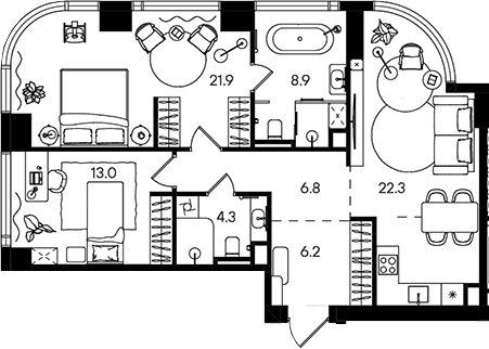 Планировка: Евротрёшка 83,4 м² в ЖК «СТОУН Блик»