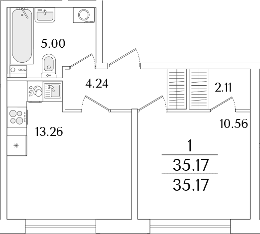 Планировка: 1-комнатная квартира 35,2 м² в ЖК «Аурум»