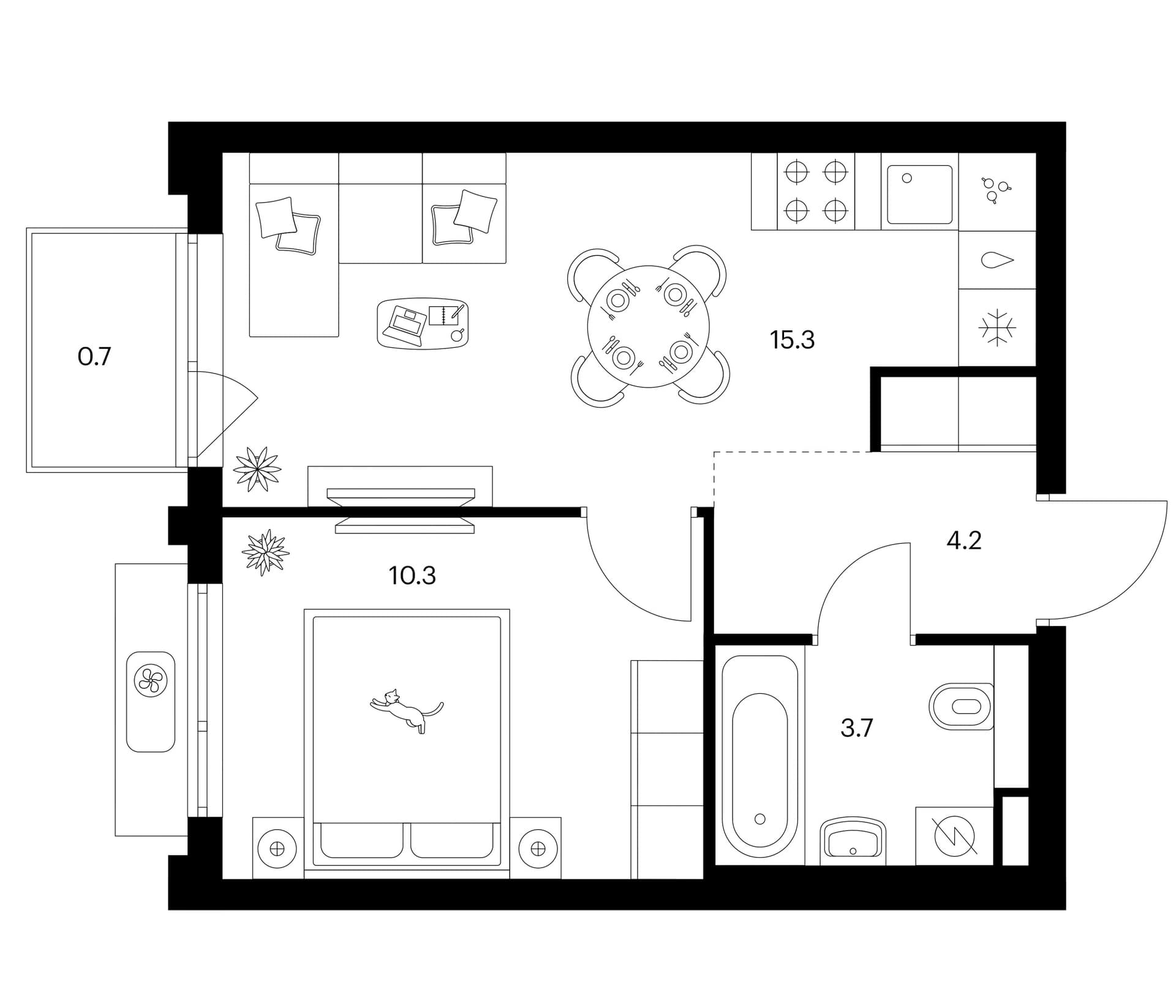 Планировка: 1-комнатная квартира 33,5 м² в ЖК «Белая Дача парк»