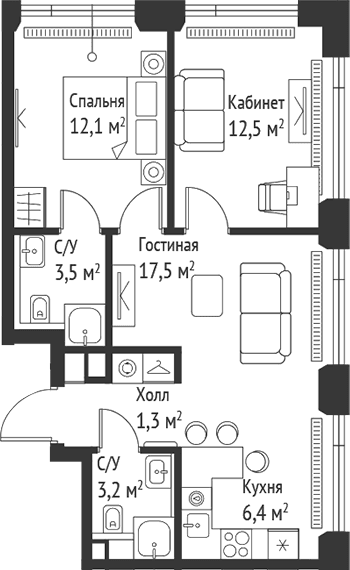 Планировка: Евротрёшка 56,5 м² в ЖК «СЕТ»