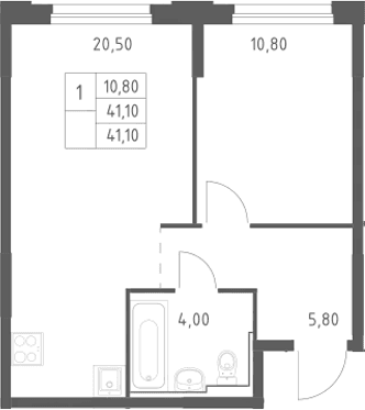 Планировка: Евродвушка 41,1 м² в ЖК «Химки Парк»