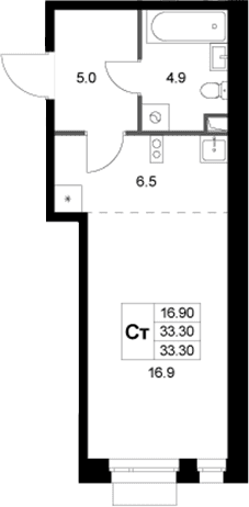 Планировка: Студия 33,3 м² в ЖК «Кореневский Форт 2.3»