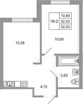 Планировка: 1-комнатная квартира 32 м² в ЖК «Стороны света 2»