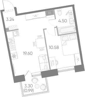 Планировка: Евродвушка 37,9 м² в ЖК «Бульвар Грина»