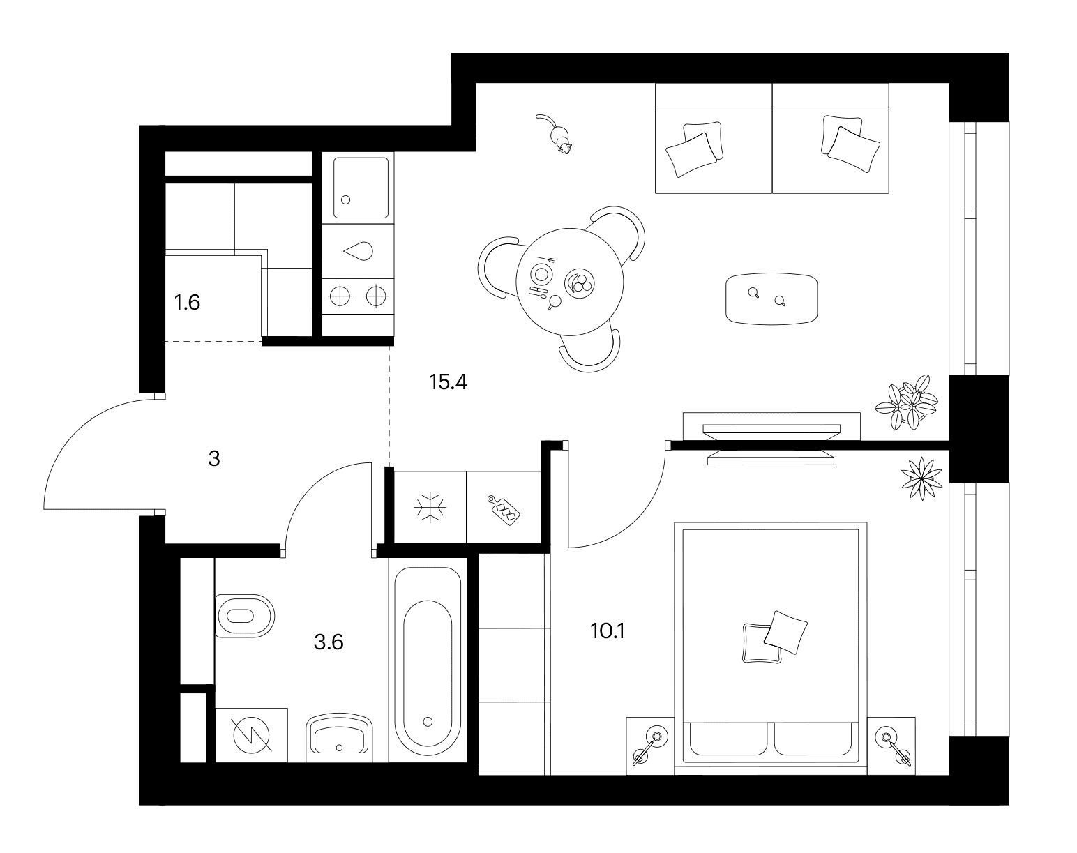Планировка: 1-комнатная квартира 33,7 м² в ЖК «Строгино 360»