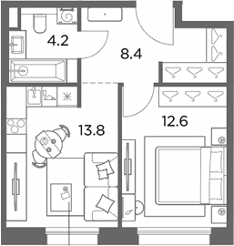 Планировка: 1-комнатная квартира 39 м² в ЖК «Станиславский»