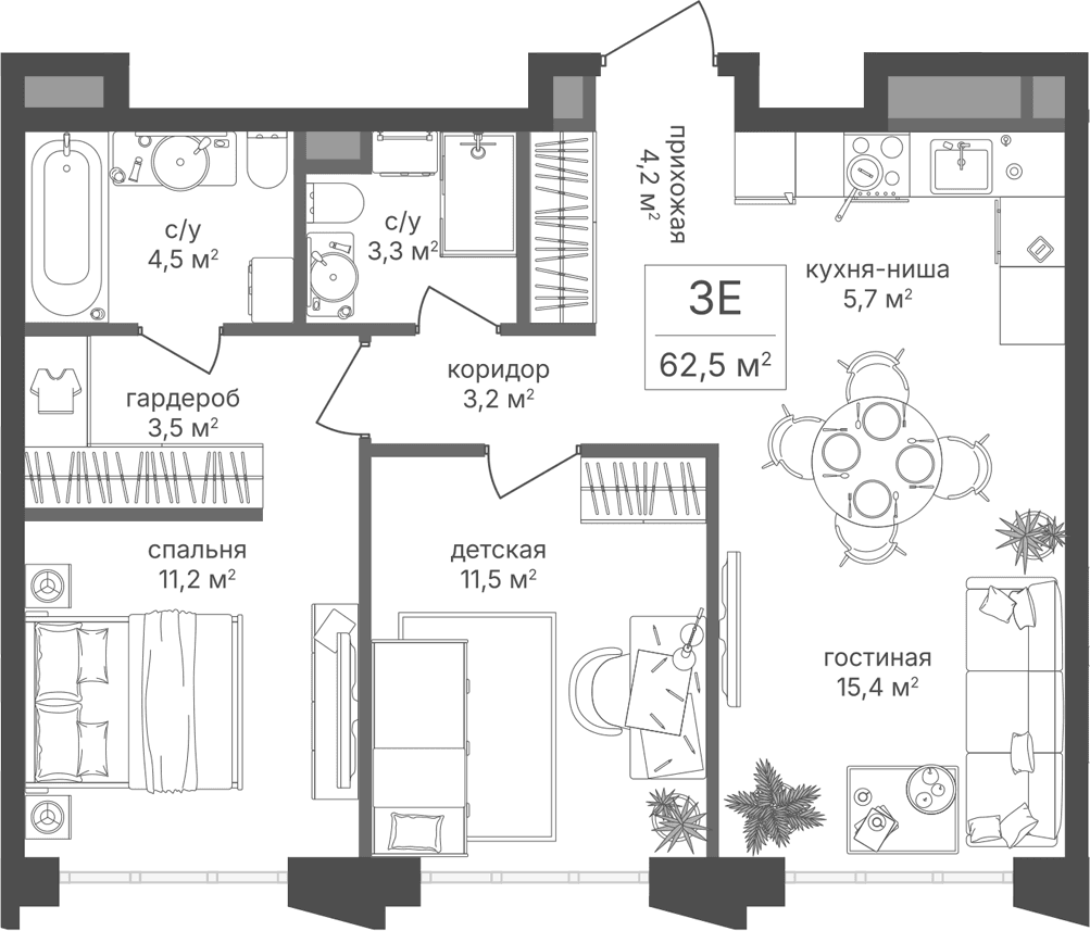Планировка: Евротрёшка 62,5 м² в ЖК «Михалковский»