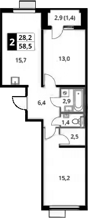 Планировка: Евротрёшка 57,1 м² в ЖК «1-й Донской»