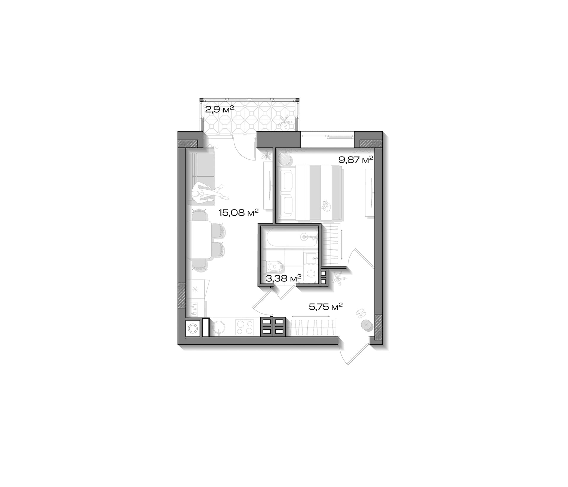 Планировка: Евродвушка 34,1 м² в ЖК «Аксиома.Возрождение»