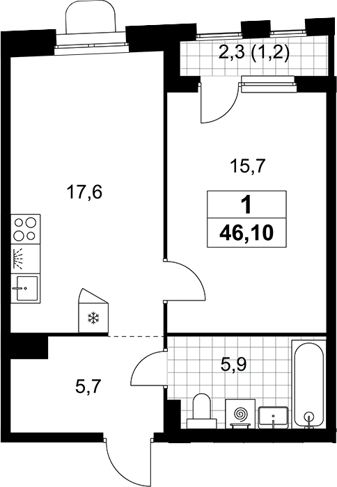 Планировка: Евродвушка 44,9 м² в ЖК «Прокшино»