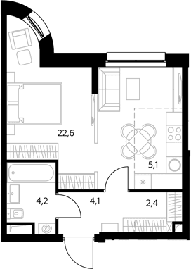 Планировка: Студия 37,6 м² в ЖК «Адмирал»