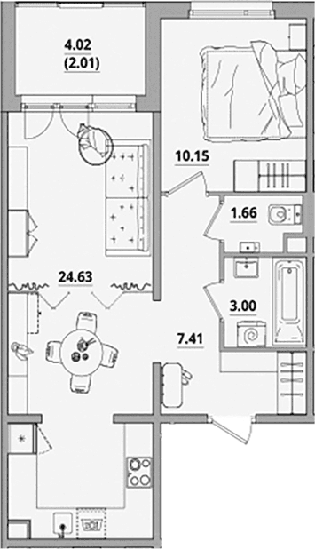 Планировка: Евродвушка 46,9 м² в ЖК «Тишин»