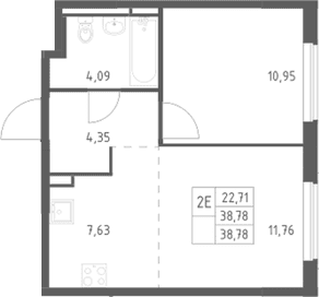 Планировка: Евродвушка 38,8 м² в ЖК «Мытищи Парк»