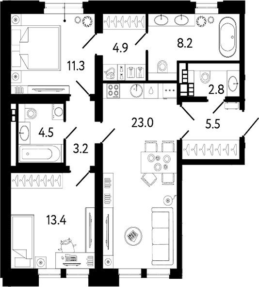Планировка: Евротрёшка 76,8 м² в ЖК «Коллекционер»