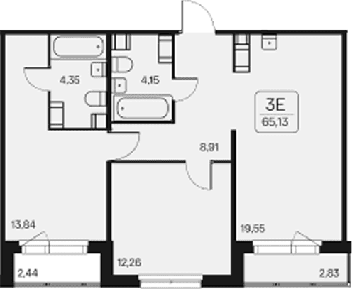 Планировка: Евротрёшка 62,5 м² в ЖК «Расцветай в Янино»