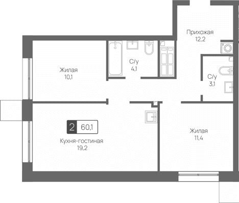 Планировка: Евротрёшка 60,1 м² в ЖК «Сити квартал Отрада»