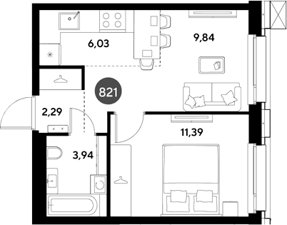 Планировка: Евродвушка 33,5 м² в ЖК «ЭВО»