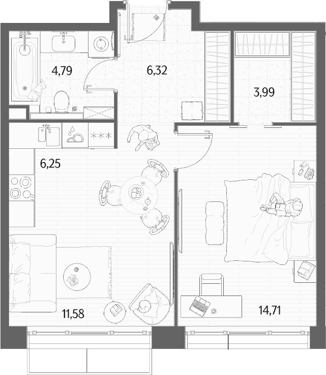 Планировка: Евродвушка 47,6 м² в ЖК «МЫС»