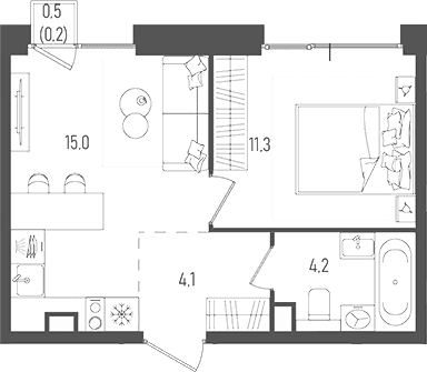Планировка: Евродвушка 34,6 м² в ЖК «Пейв»