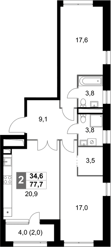 Планировка: Евротрёшка 75,7 м² в ЖК «Скай Гарден»