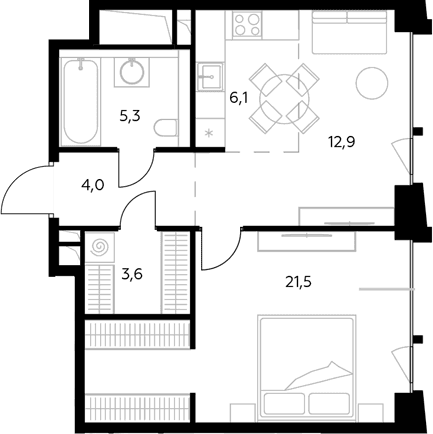 Планировка: Евродвушка 53,4 м² в ЖК «Монблан»