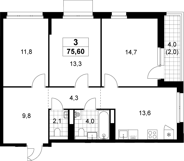 Планировка: 3-комнатная квартира 73,6 м² в ЖК «Деснаречье»