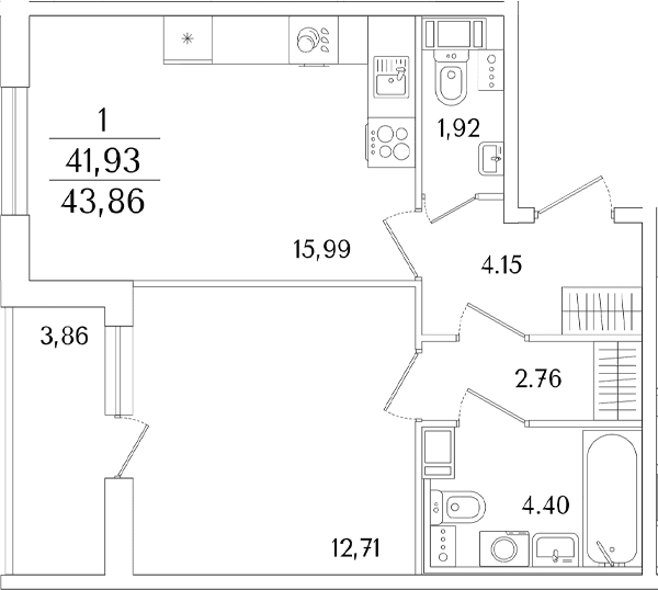 Планировка: Евродвушка 41,9 м² в ЖК «Кинопарк»